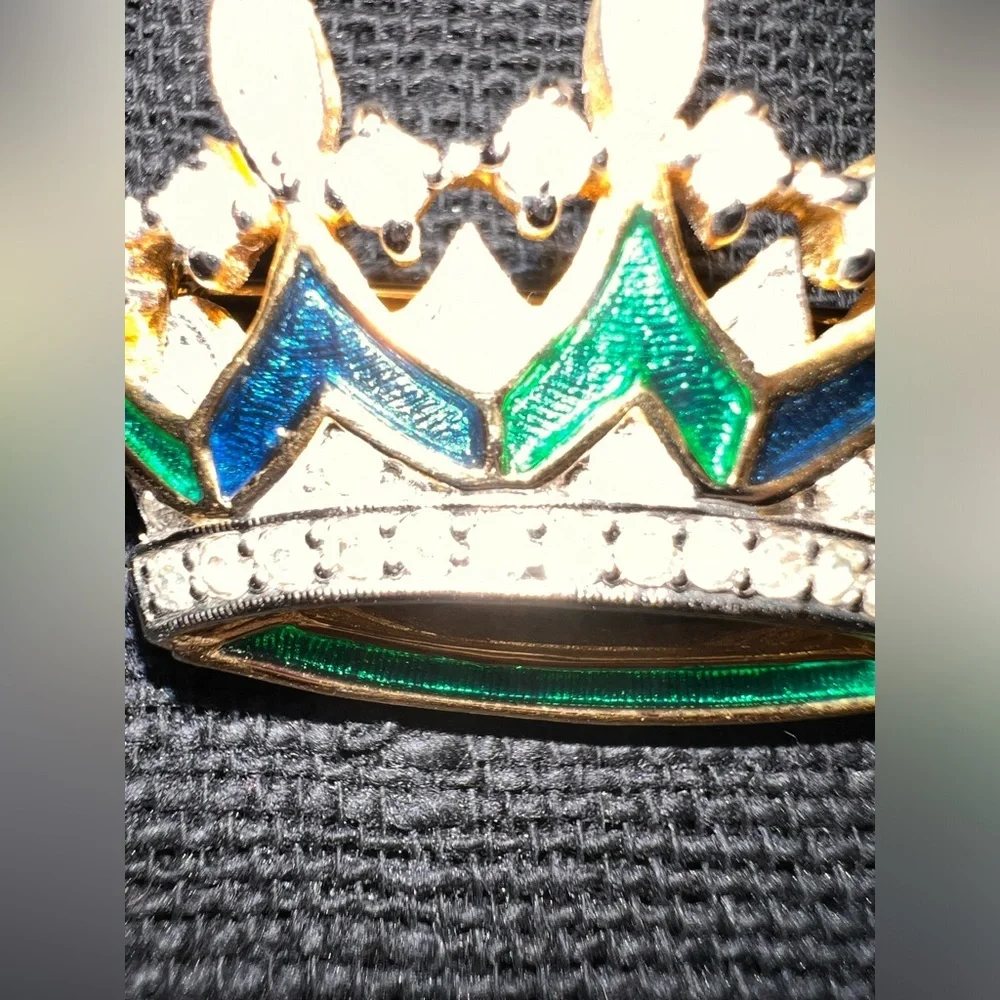 Vintage Rare Polcini Guilloche Blue Green Enamel Rhinestone Crown Brooch Gold.